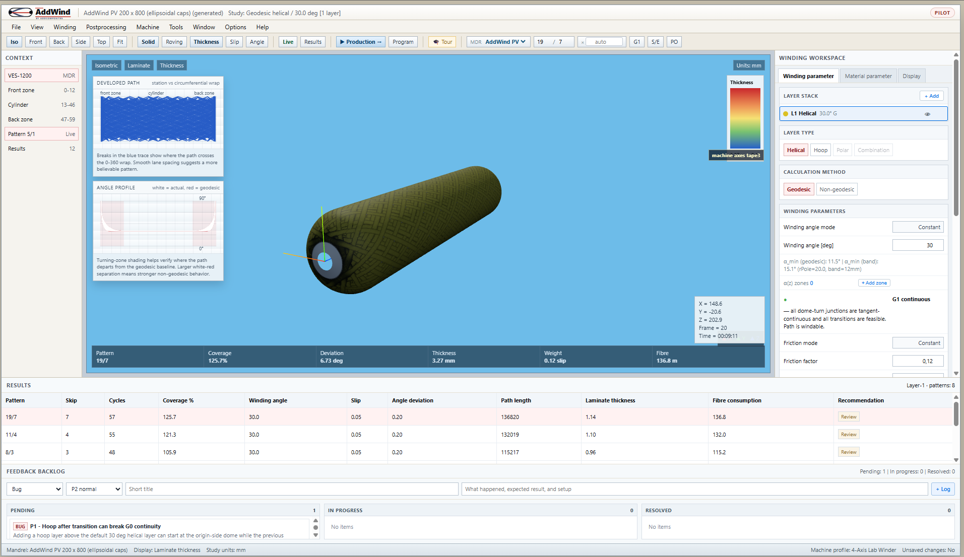 AddWind laminate thickness view with feedback backlog