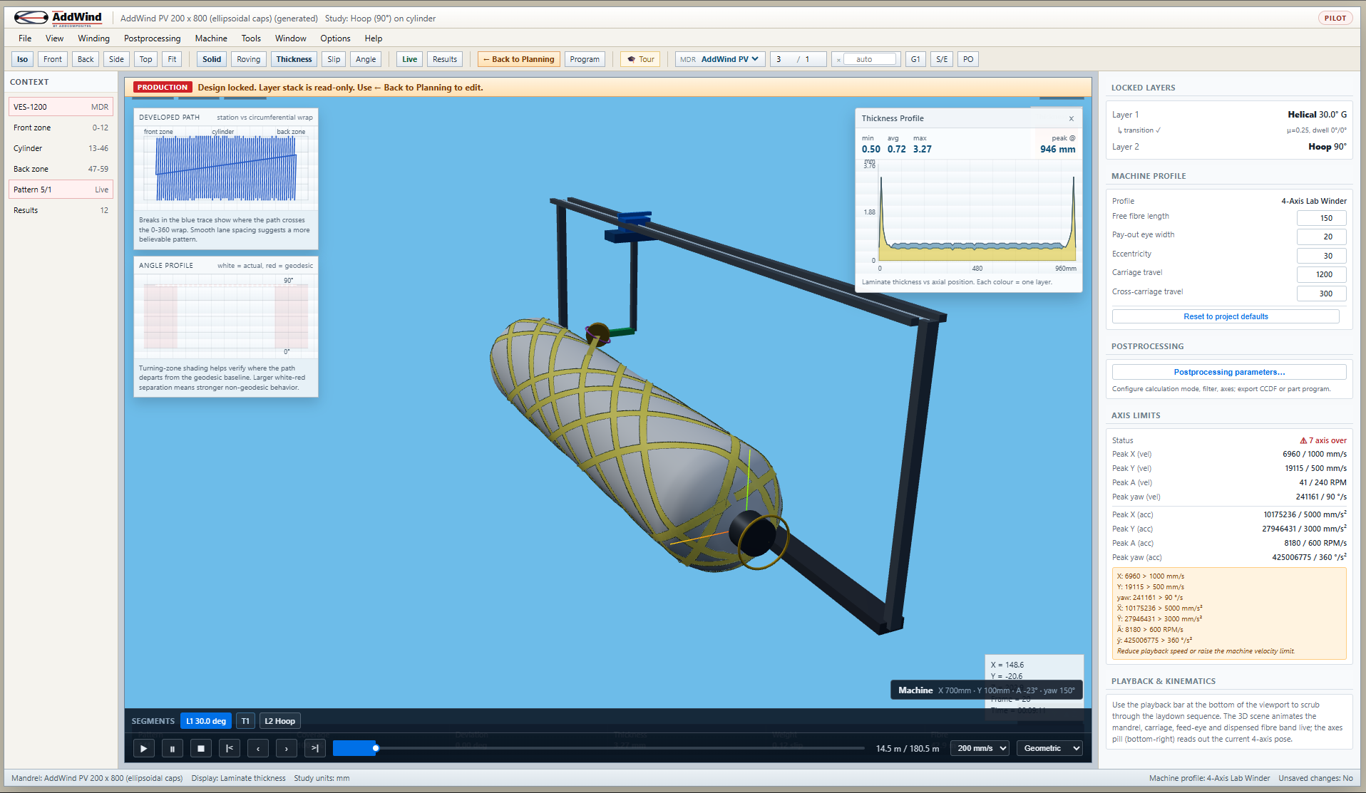 AddWind production playback with 4-axis machine simulation
