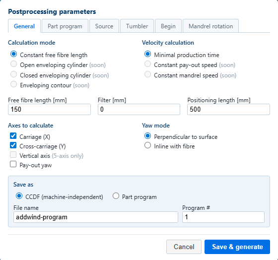 AddWind simulator: program export dialog showing motion table and axis ranges