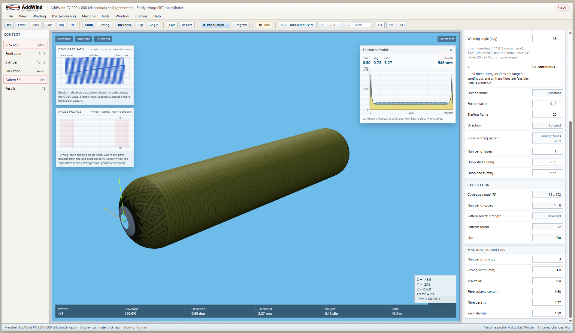 AddWind helical layer results with winding parameters